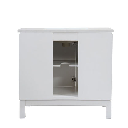 Bellaterra Home G3722-BL-WH-AQ 37" White Single Sink Vanity With Engineered Stone Top and Black Hardware