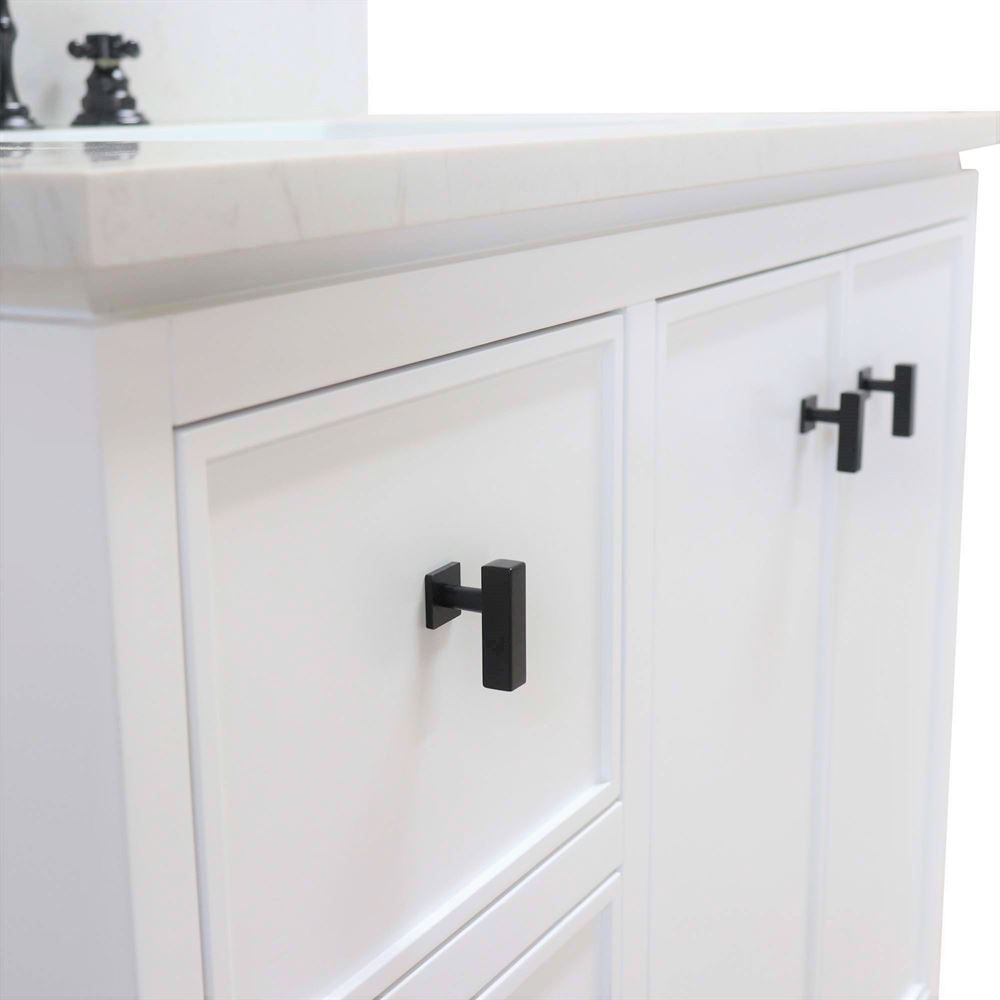 Bellaterra Home G3722-BL-WH-AQ 37" White Single Sink Vanity With Engineered Stone Top and Black Hardware