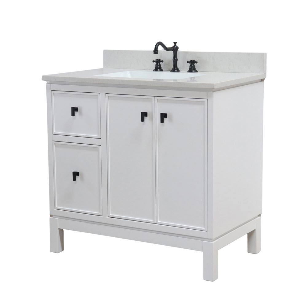 Bellaterra Home G3722-BL-WH-AQ 37" White Single Sink Vanity With Engineered Stone Top and Black Hardware