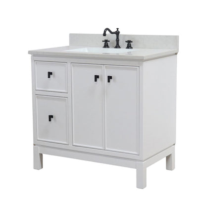 Bellaterra Home G3722-BL-WH-AQ 37" White Single Sink Vanity With Engineered Stone Top and Black Hardware