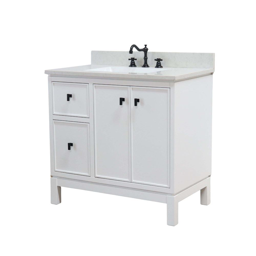 Bellaterra Home G3722-BL-WH-AQ 37" White Single Sink Vanity With Engineered Stone Top and Black Hardware