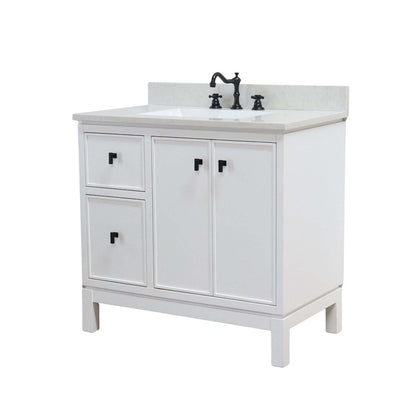 Bellaterra Home G3722-BL-WH-AQ 37" White Single Sink Vanity With Engineered Stone Top and Black Hardware