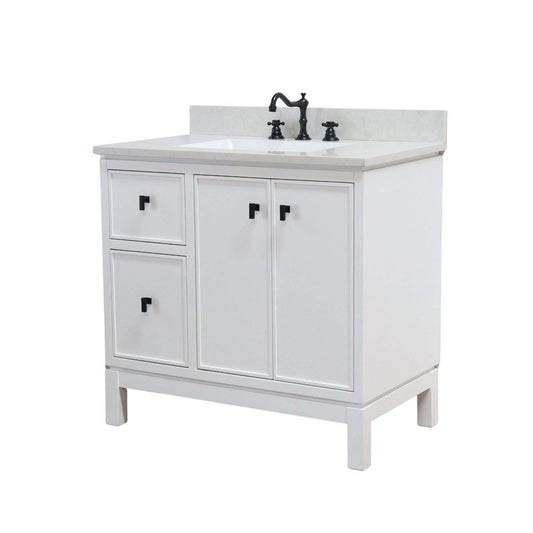 Bellaterra Home G3722-BL-WH-AQ 37" White Single Sink Vanity With Engineered Stone Top and Black Hardware