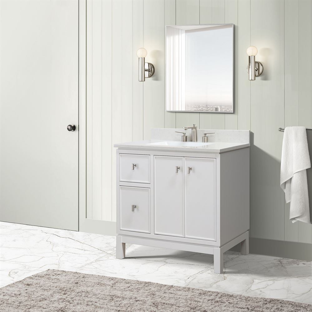 Bellaterra Home G3722-BN-WH-AQ 37" White Single Sink Vanity With Engineered Stone Top and Brushed Nickel Hardware