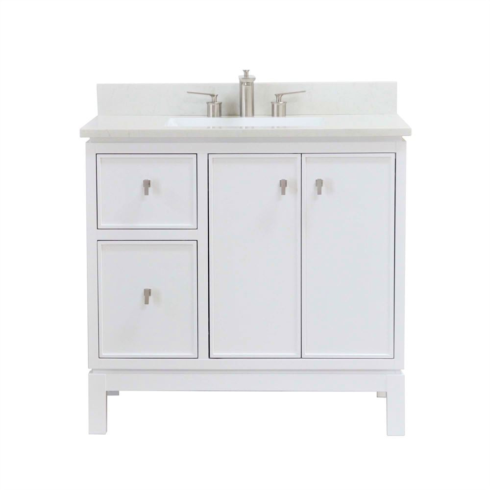 Bellaterra Home G3722-BN-WH-AQ 37" White Single Sink Vanity With Engineered Stone Top and Brushed Nickel Hardware
