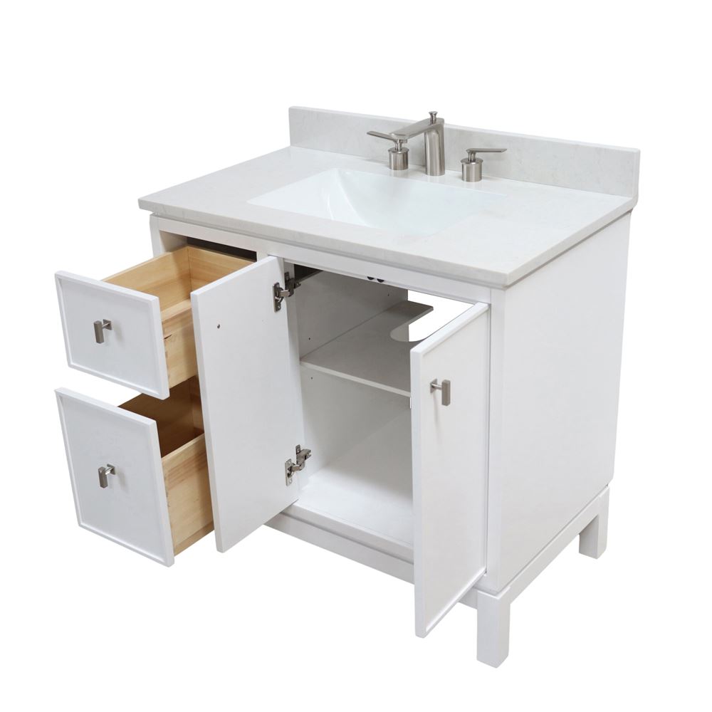 Bellaterra Home G3722-BN-WH-AQ 37" White Single Sink Vanity With Engineered Stone Top and Brushed Nickel Hardware