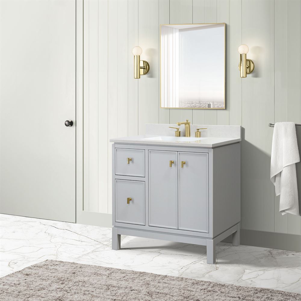 Bellaterra Home G3722-GD-FG-AQ 37" French Gray Single Sink Vanity With Engineered Stone Top and Gold Hardware
