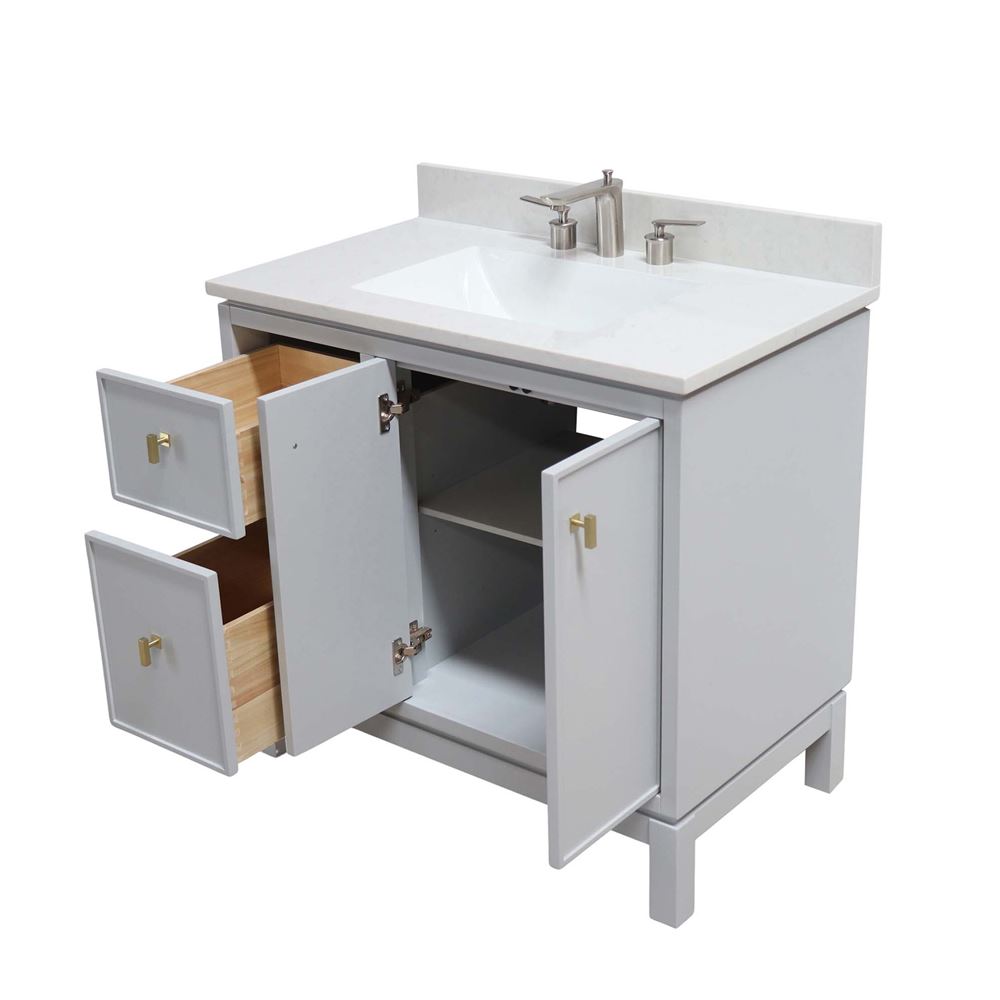 Bellaterra Home G3722-GD-FG-AQ 37" French Gray Single Sink Vanity With Engineered Stone Top and Gold Hardware