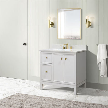 Bellaterra Home G3722-GD-WH-AQ 37" White Single Sink Vanity With Engineered Stone Top and Gold Hardware