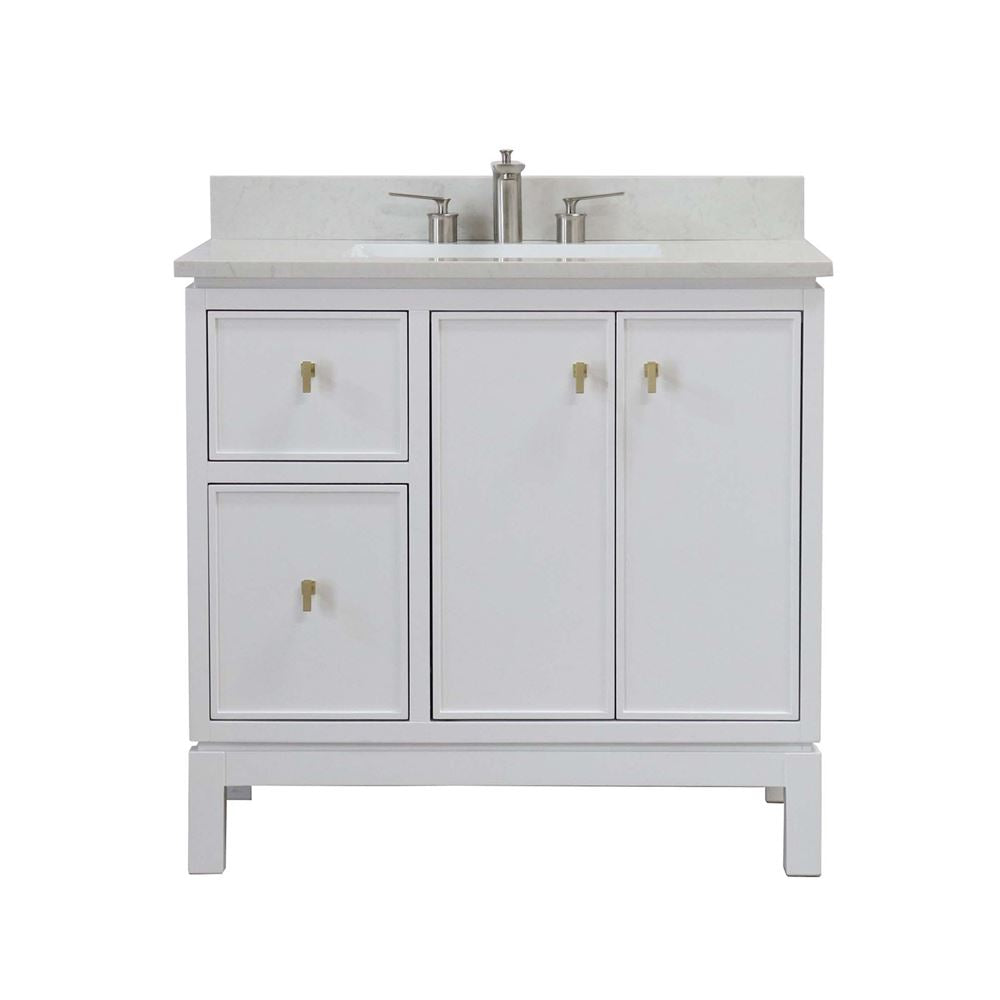 Bellaterra Home G3722-GD-WH-AQ 37" White Single Sink Vanity With Engineered Stone Top and Gold Hardware
