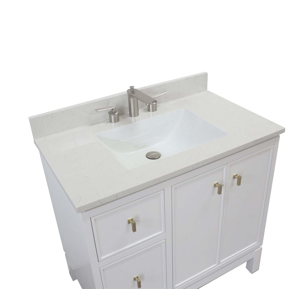 Bellaterra Home G3722-GD-WH-AQ 37" White Single Sink Vanity With Engineered Stone Top and Gold Hardware