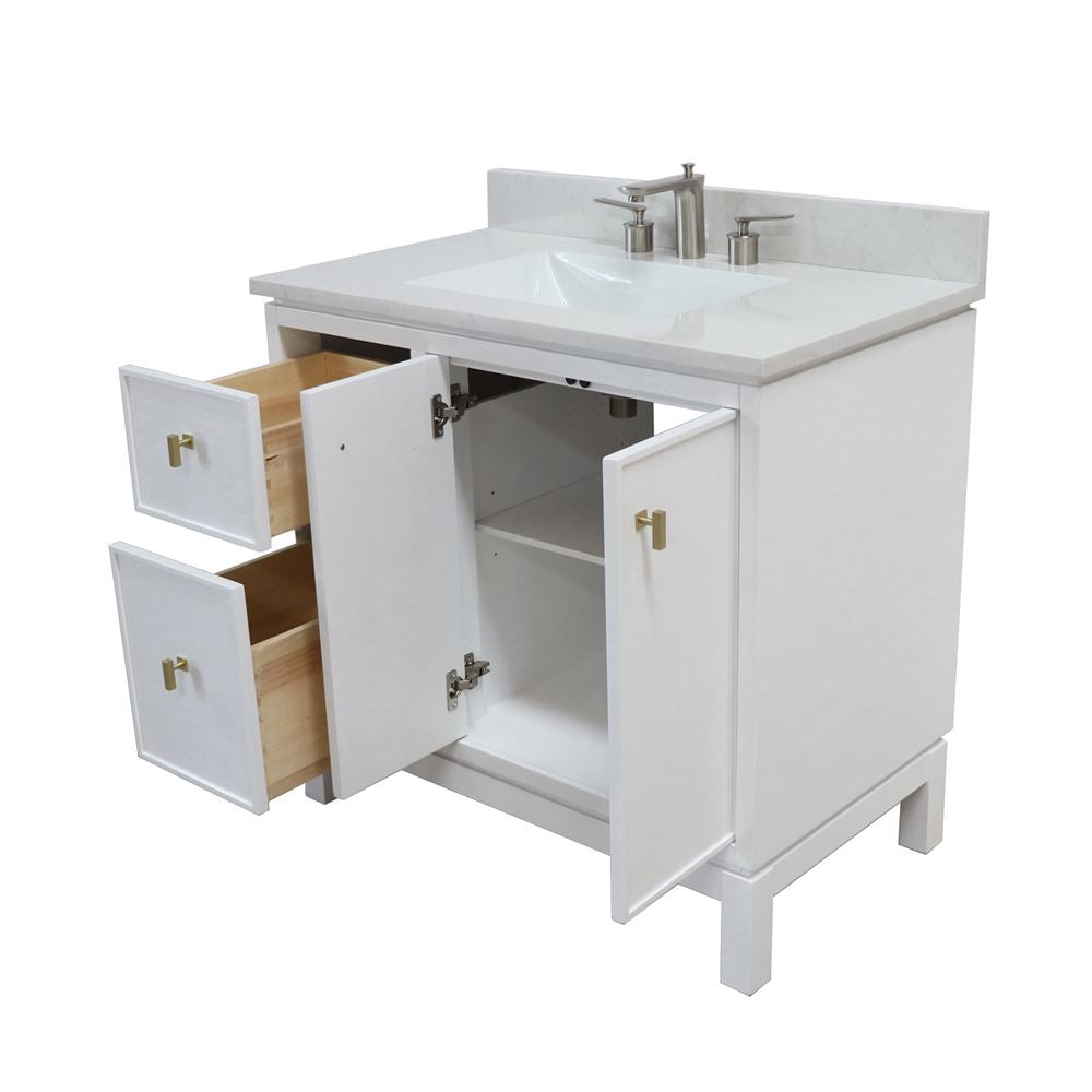 Bellaterra Home G3722-GD-WH-AQ 37" White Single Sink Vanity With Engineered Stone Top and Gold Hardware