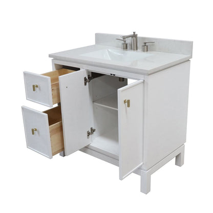 Bellaterra Home G3722-GD-WH-AQ 37" White Single Sink Vanity With Engineered Stone Top and Gold Hardware