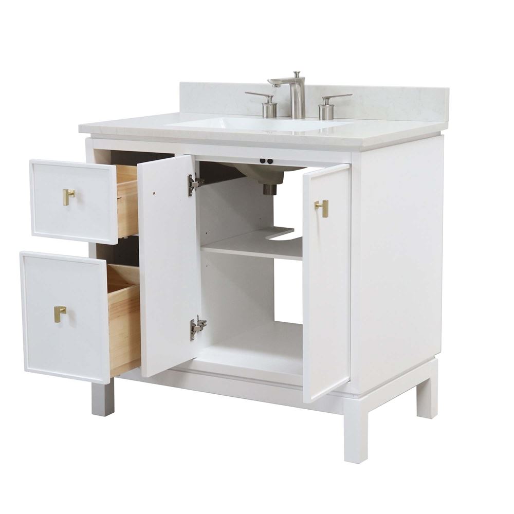 Bellaterra Home G3722-GD-WH-AQ 37" White Single Sink Vanity With Engineered Stone Top and Gold Hardware