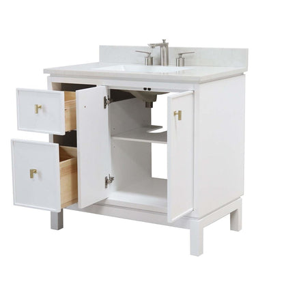 Bellaterra Home G3722-GD-WH-AQ 37" White Single Sink Vanity With Engineered Stone Top and Gold Hardware