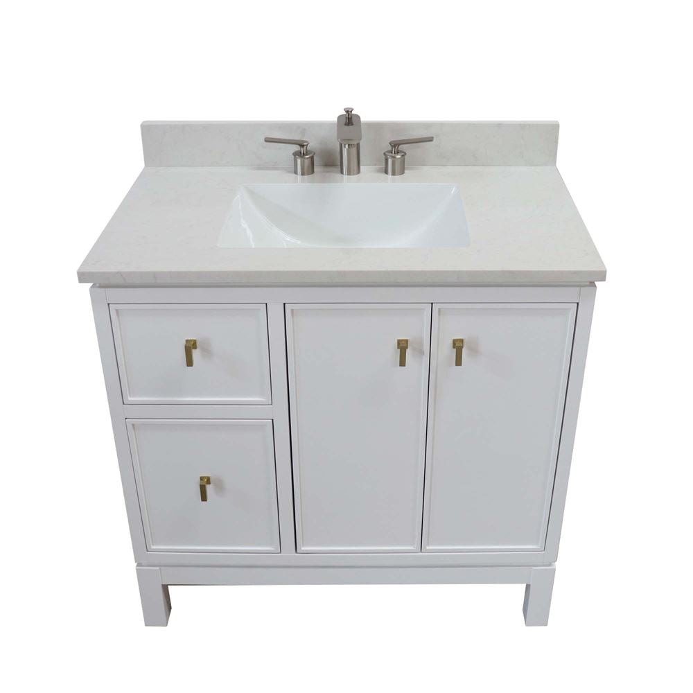Bellaterra Home G3722-GD-WH-AQ 37" White Single Sink Vanity With Engineered Stone Top and Gold Hardware