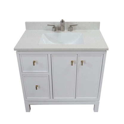 Bellaterra Home G3722-GD-WH-AQ 37" White Single Sink Vanity With Engineered Stone Top and Gold Hardware