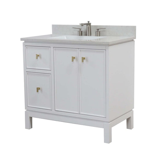 Bellaterra Home G3722-GD-WH-AQ 37" White Single Sink Vanity With Engineered Stone Top and Gold Hardware