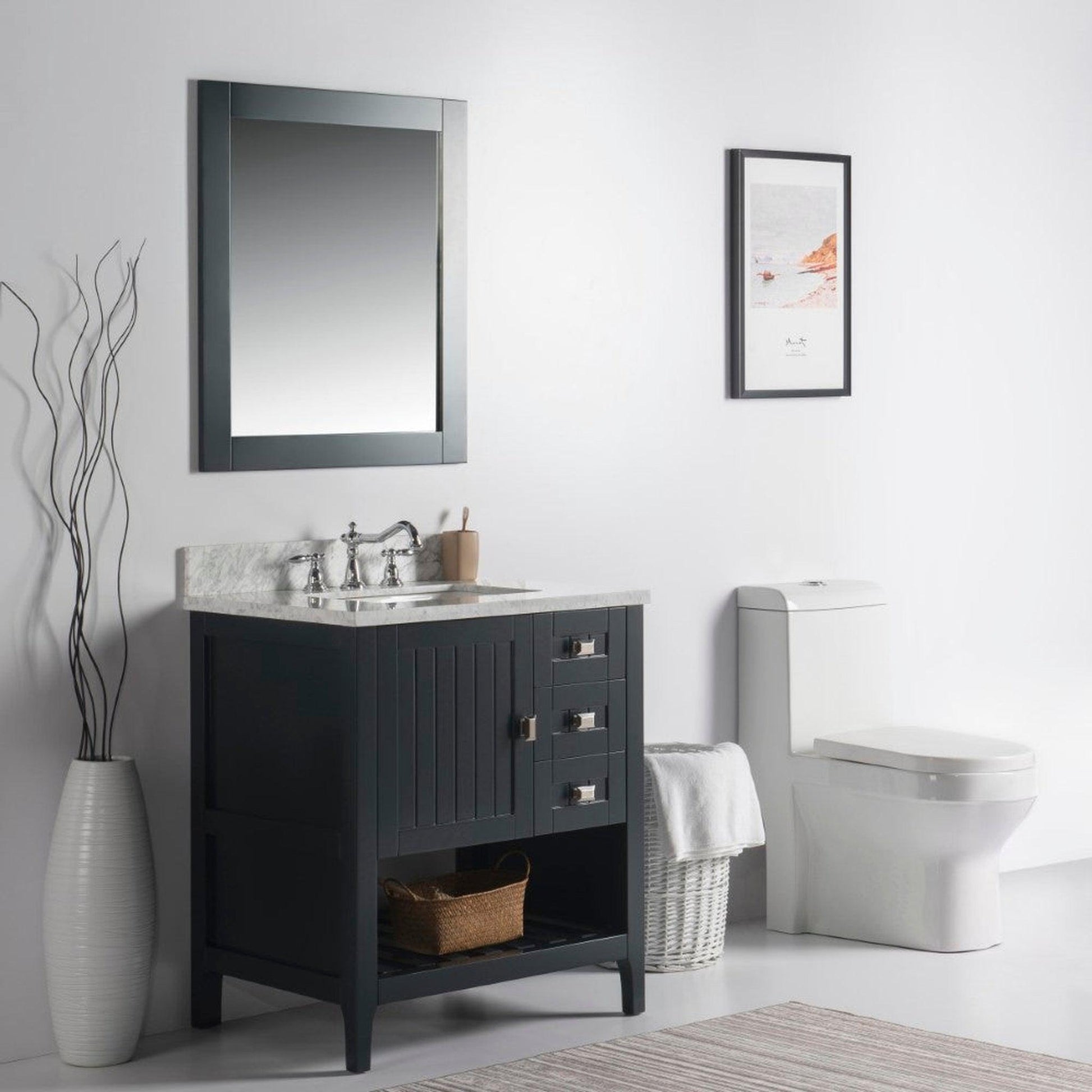 Bellaterra Home Milani 31" 1-Door 2-Drawer Dark Gray Freestanding Vanity Set With Ceramic Undermount Rectangular Sink and White Carrara Marble Top