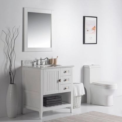 Bellaterra Home Milani 31" 1-Door 2-Drawer White Freestanding Vanity Set With Ceramic Undermount Rectangular Sink and White Carrara Marble Top