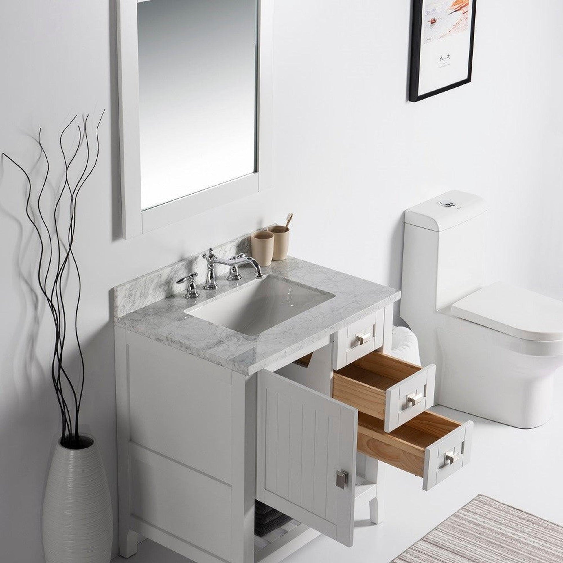 Bellaterra Home Milani 31" 1-Door 2-Drawer White Freestanding Vanity Set With Ceramic Undermount Rectangular Sink and White Carrara Marble Top