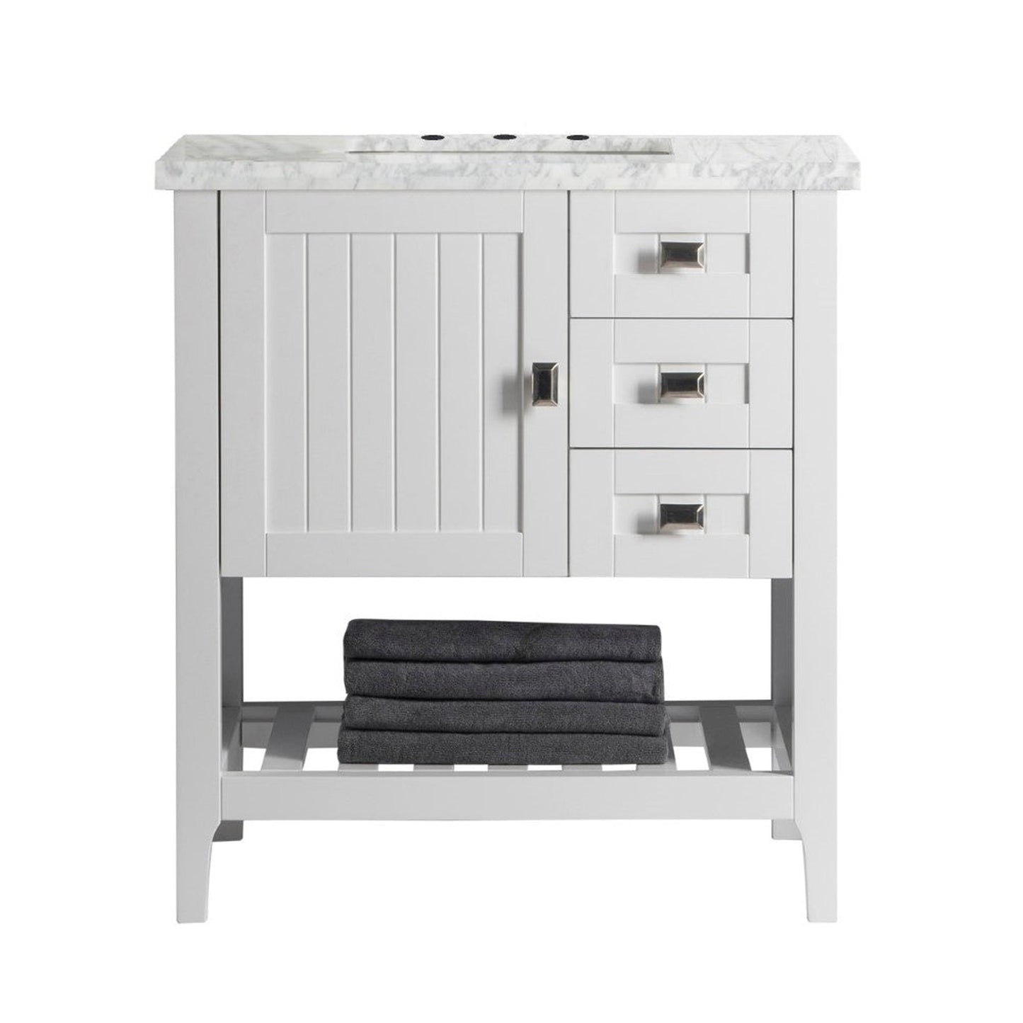 Bellaterra Home Milani 31" 1-Door 2-Drawer White Freestanding Vanity Set With Ceramic Undermount Rectangular Sink and White Carrara Marble Top