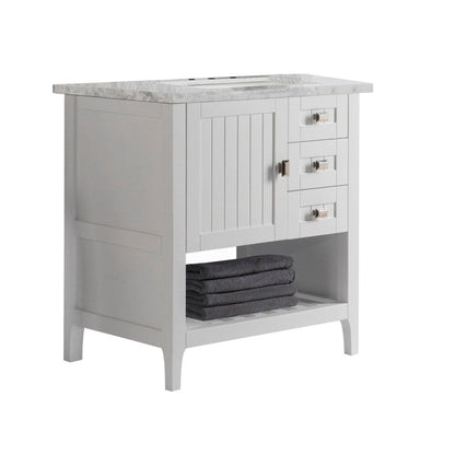 Bellaterra Home Milani 31" 1-Door 2-Drawer White Freestanding Vanity Set With Ceramic Undermount Rectangular Sink and White Carrara Marble Top