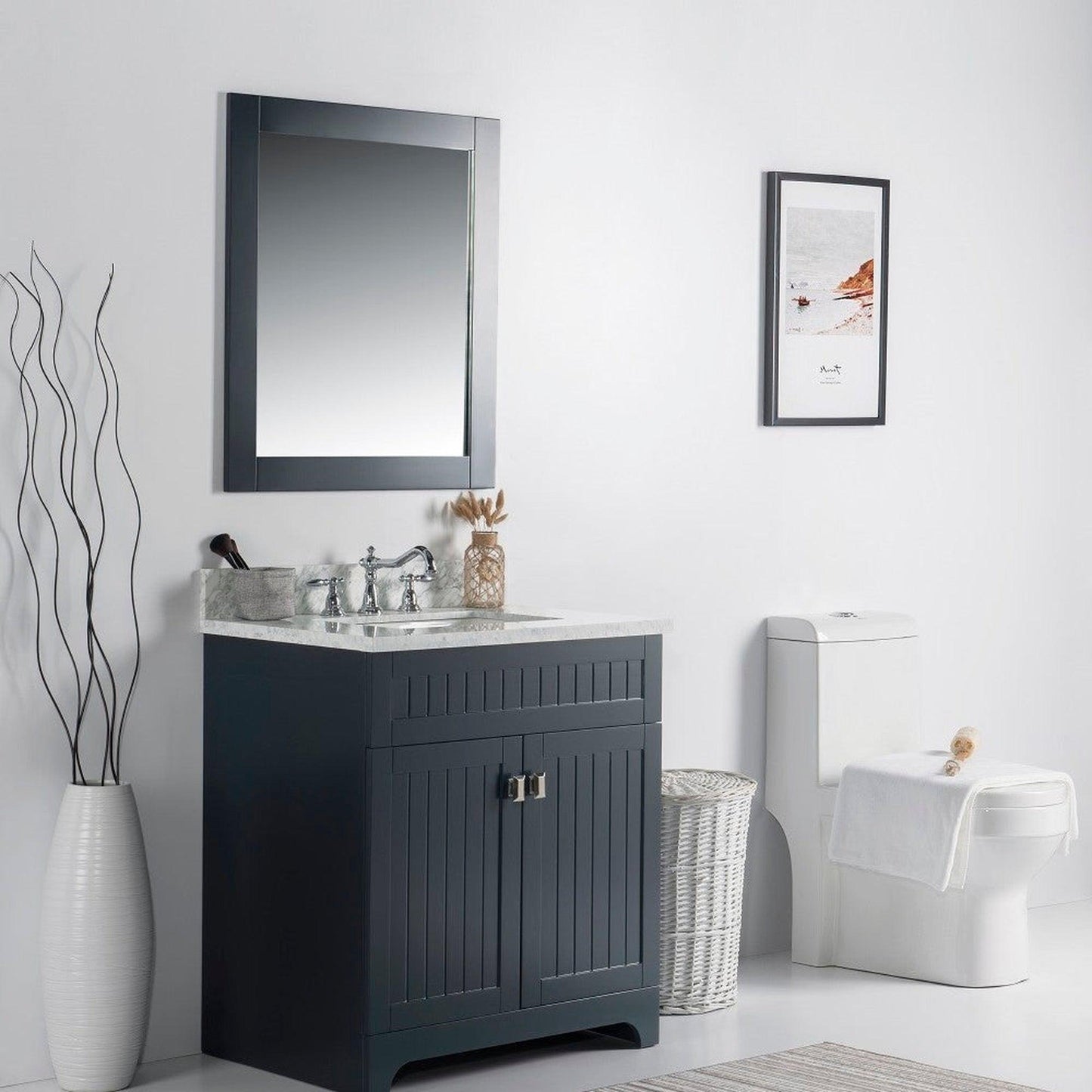 Bellaterra Home Milani 31" 2-Door Dark Gray Freestanding Vanity Set With Ceramic Undermount Rectangular Sink and White Carrara Marble Top