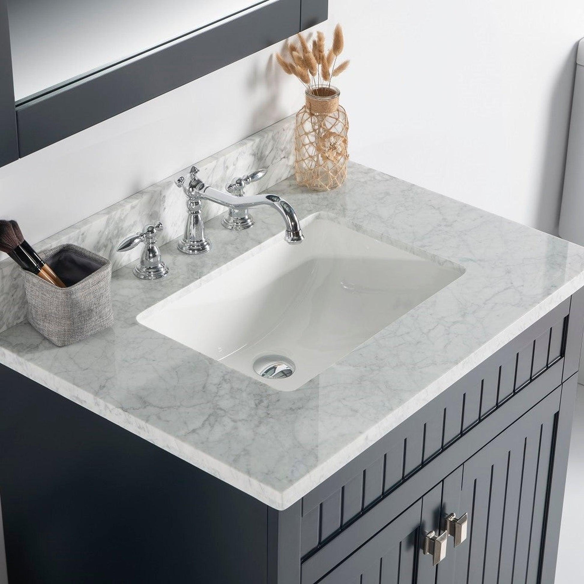Bellaterra Home Milani 31" 2-Door Dark Gray Freestanding Vanity Set With Ceramic Undermount Rectangular Sink and White Carrara Marble Top