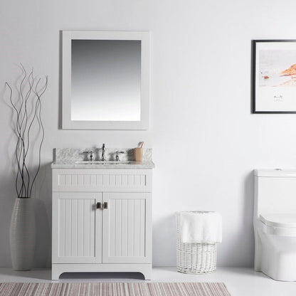 Bellaterra Home Milani 31" 2-Door White Freestanding Vanity Set With Ceramic Undermount Rectangular Sink and White Carrara Marble Top