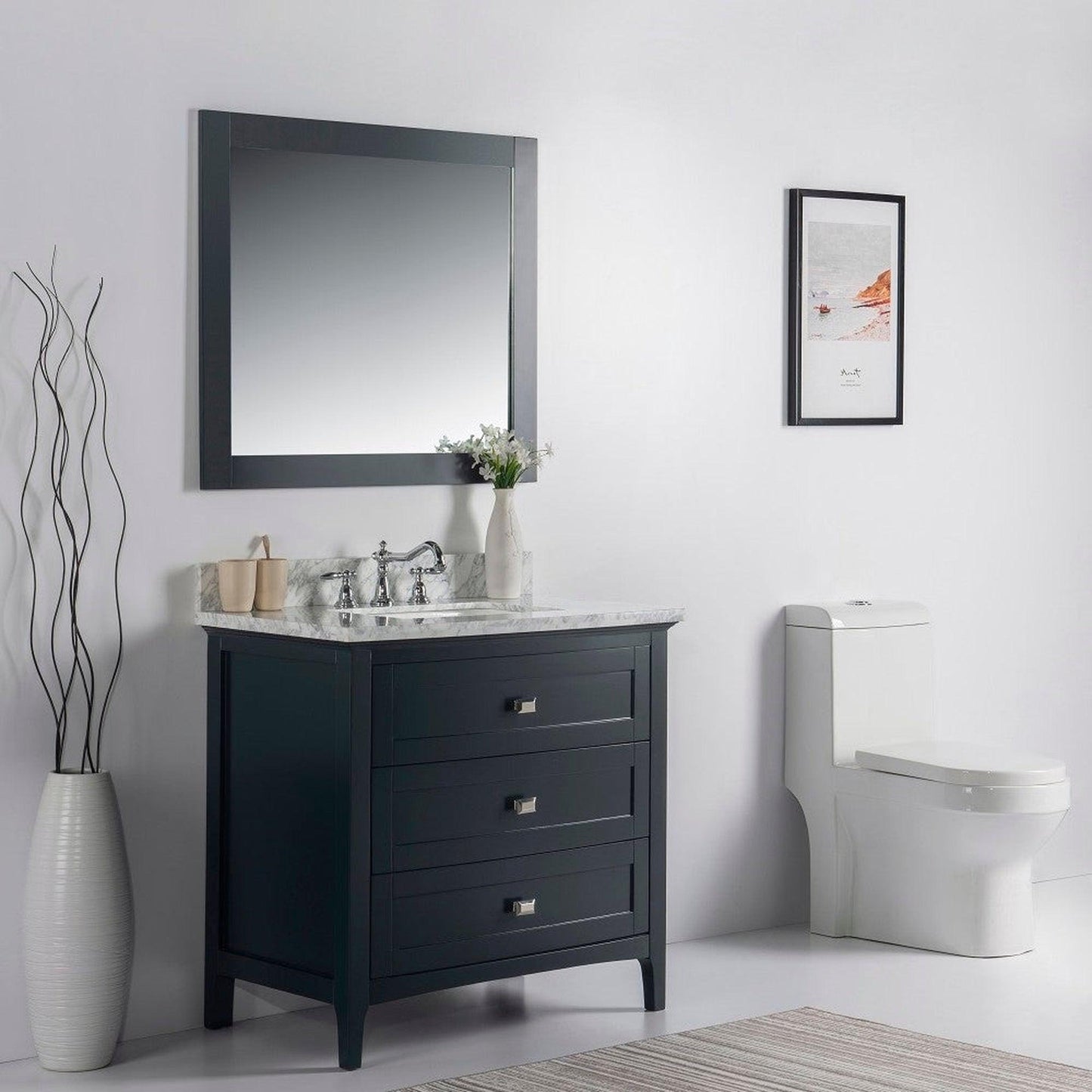 Bellaterra Home Milani 36" 3-Drawer Dark Gray Freestanding Vanity Set With Ceramic Undermount Rectangular Sink and White Carrara Marble Top
