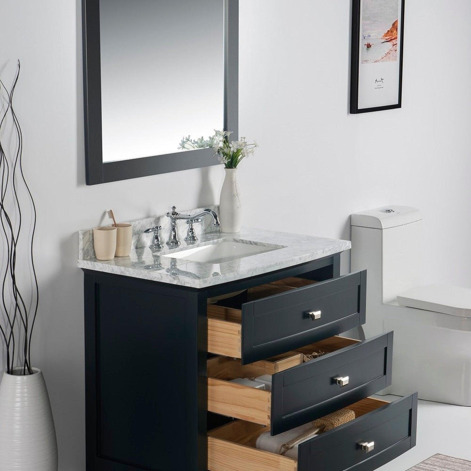 Bellaterra Home Milani 36" 3-Drawer Dark Gray Freestanding Vanity Set With Ceramic Undermount Rectangular Sink and White Carrara Marble Top