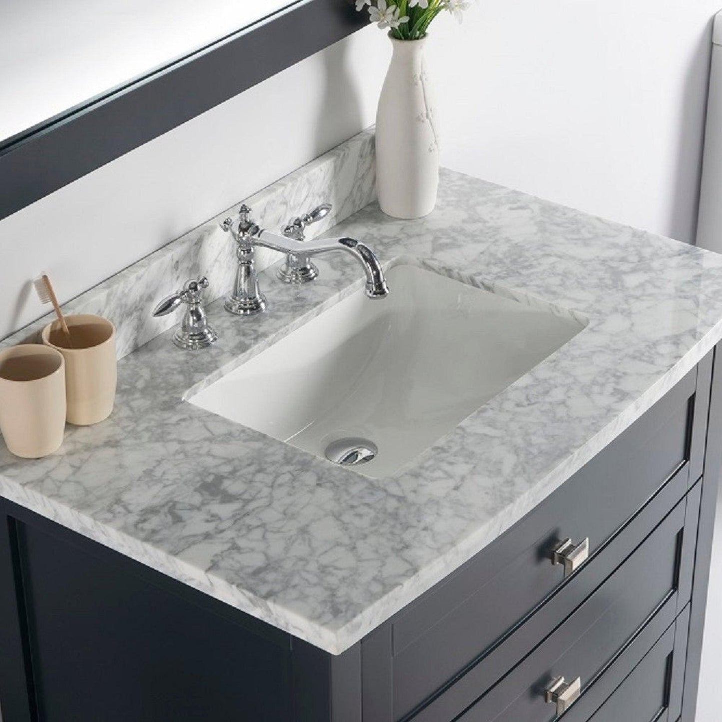 Bellaterra Home Milani 36" 3-Drawer Dark Gray Freestanding Vanity Set With Ceramic Undermount Rectangular Sink and White Carrara Marble Top