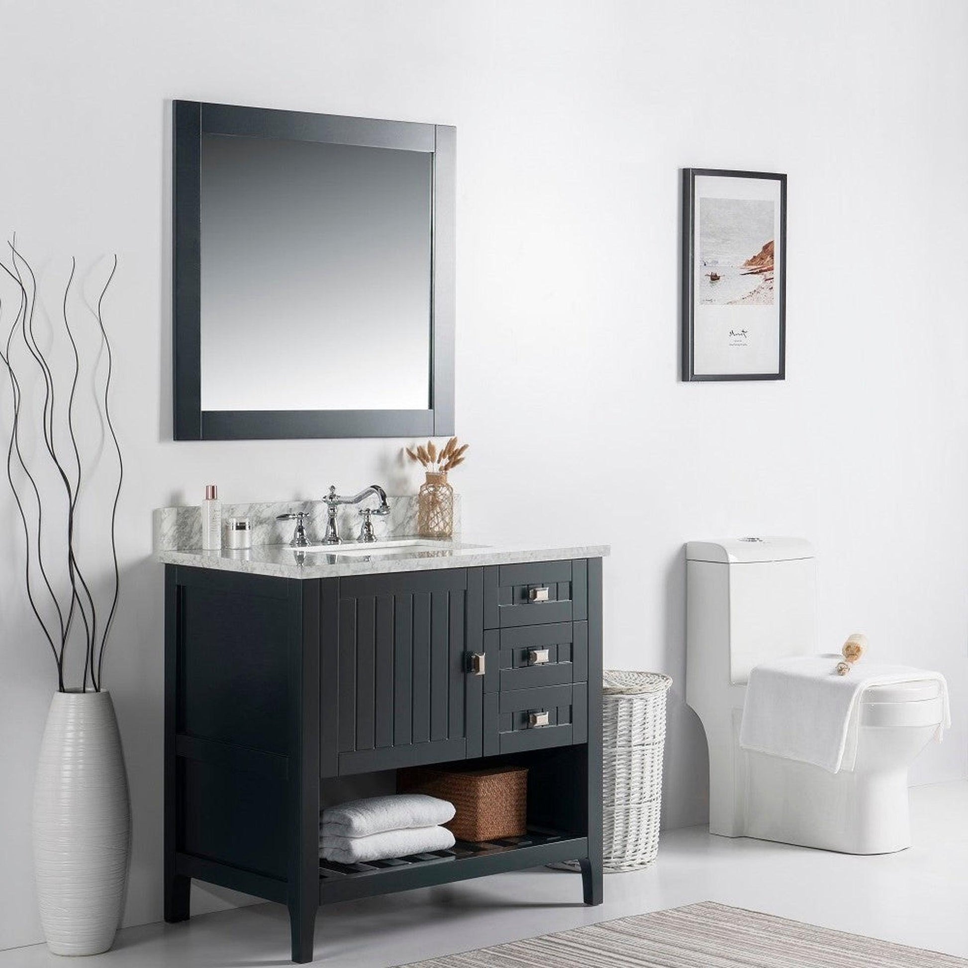 Bellaterra Home Milani 37" 1-Door 2-Drawer Dark Gray Freestanding Vanity Set With Ceramic Undermount Rectangular Sink and White Carrara Marble Top