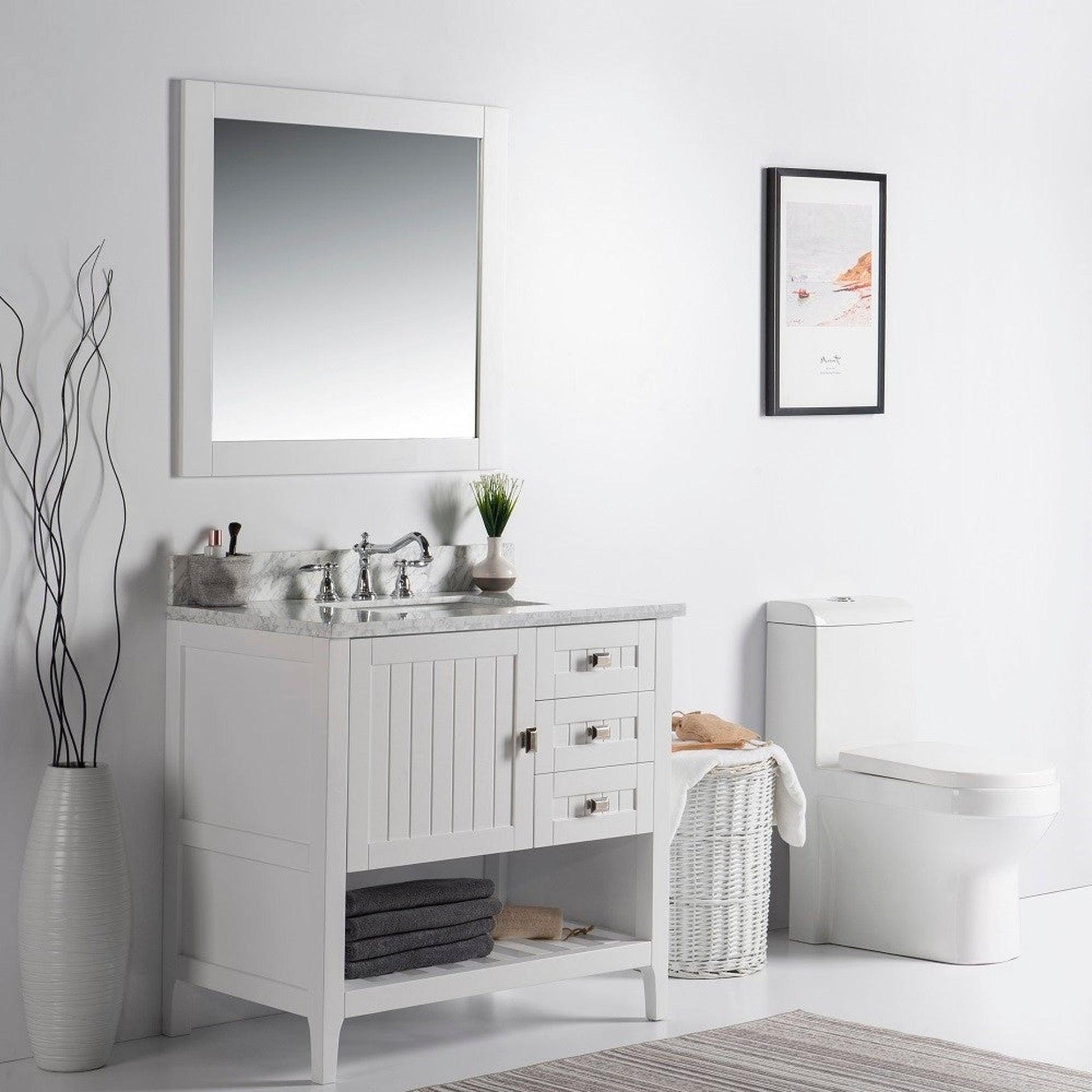 Bellaterra Home Milani 37" 1-Door 2-Drawer White Freestanding Vanity Set With Ceramic Undermount Rectangular Sink and White Carrara Marble Top