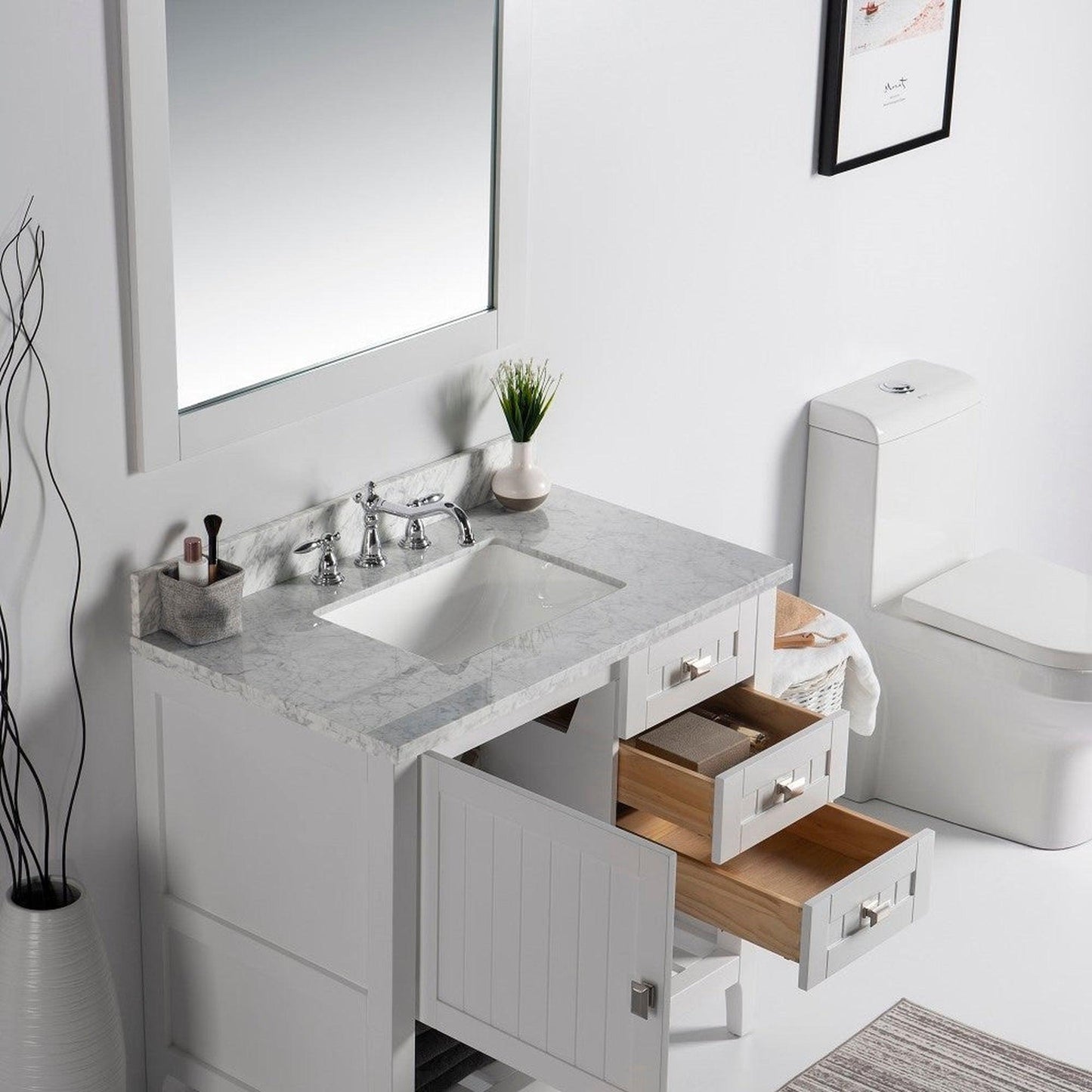 Bellaterra Home Milani 37" 1-Door 2-Drawer White Freestanding Vanity Set With Ceramic Undermount Rectangular Sink and White Carrara Marble Top