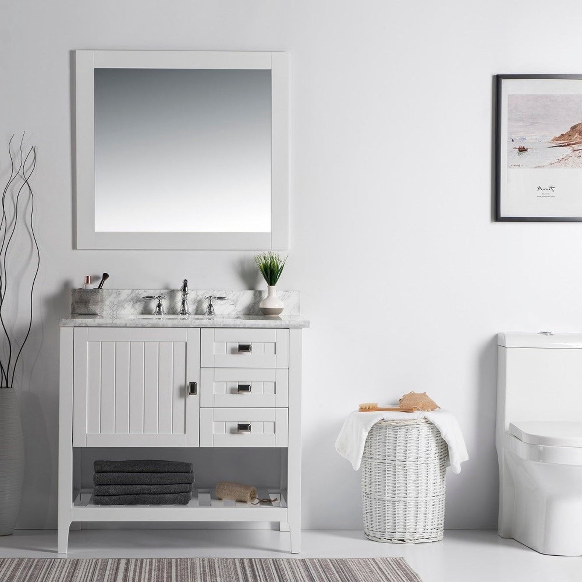 Bellaterra Home Milani 37" 1-Door 2-Drawer White Freestanding Vanity Set With Ceramic Undermount Rectangular Sink and White Carrara Marble Top