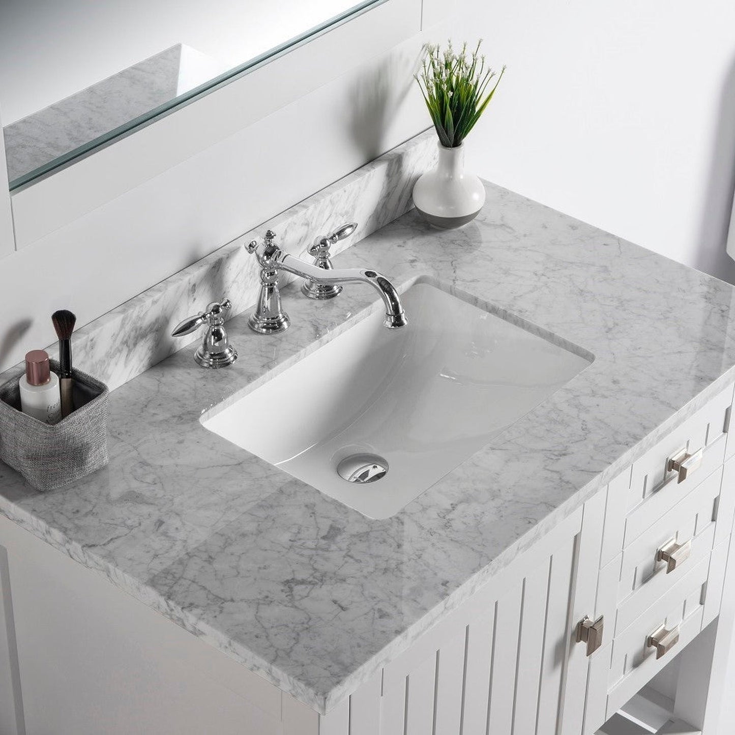 Bellaterra Home Milani 37" 1-Door 2-Drawer White Freestanding Vanity Set With Ceramic Undermount Rectangular Sink and White Carrara Marble Top
