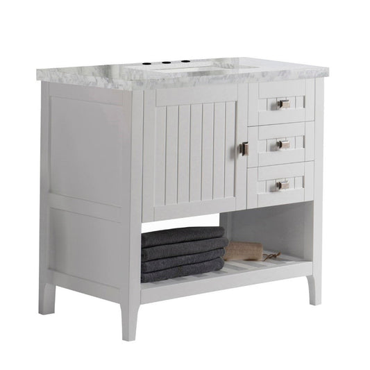 Bellaterra Home Milani 37" 1-Door 2-Drawer White Freestanding Vanity Set With Ceramic Undermount Rectangular Sink and White Carrara Marble Top