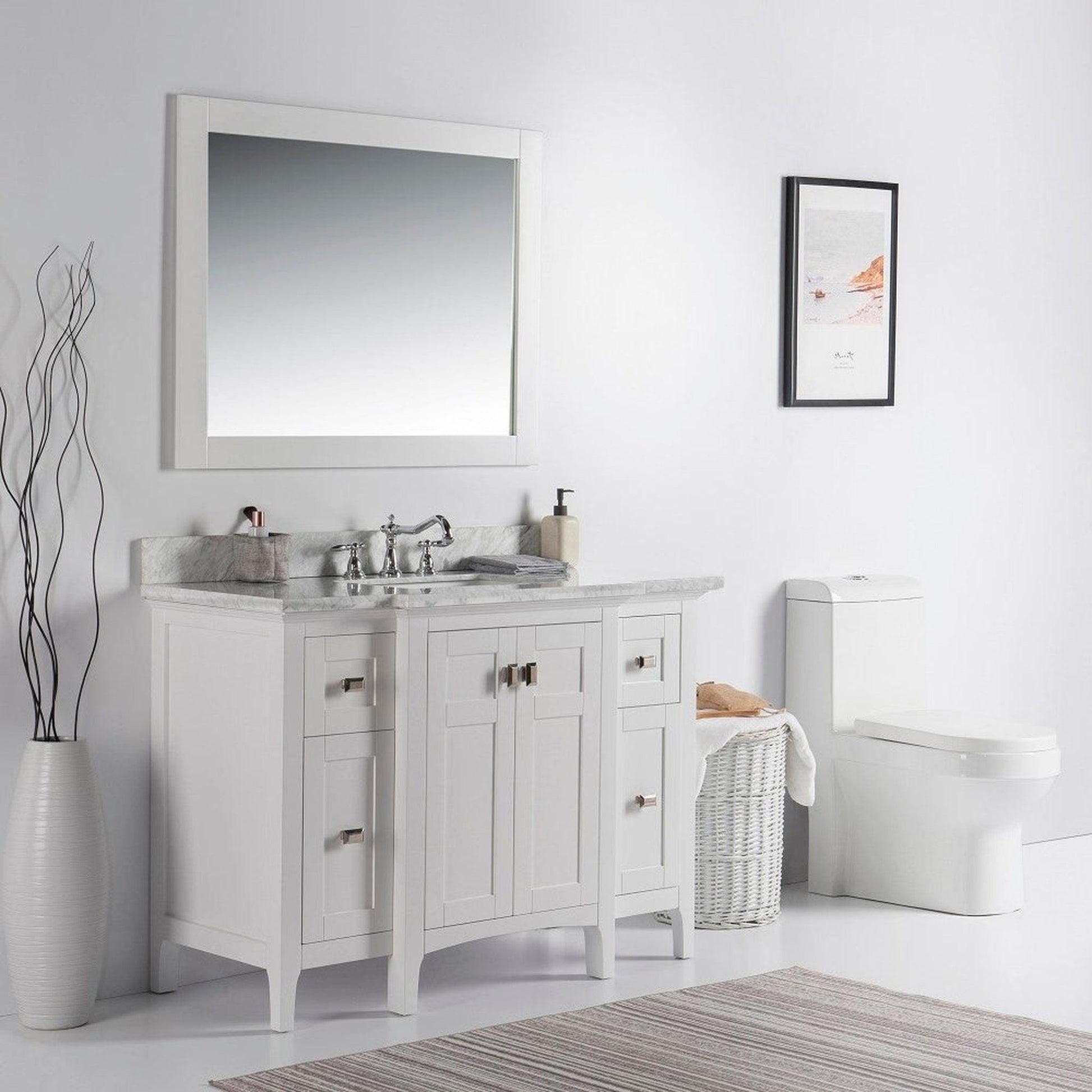 Bellaterra Home Milani 49" 2-Door 6-Drawer White Freestanding Vanity Set With Ceramic Undermount Rectangular Sink and White Carrara Marble Top