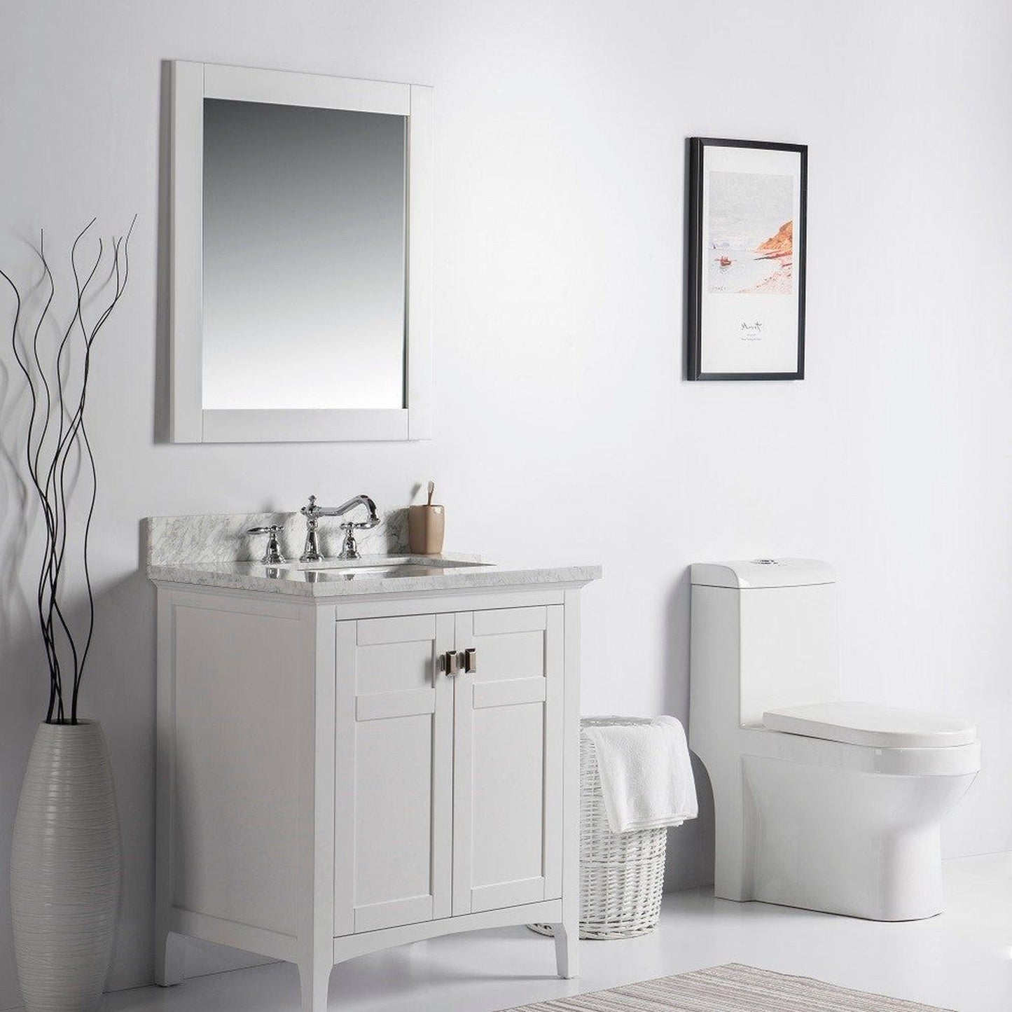 Bellaterra Home Milani 77613-WH-WM 31" 2-Door White Freestanding Vanity Set With Ceramic Undermount Rectangular Sink and White Carrara Marble Top