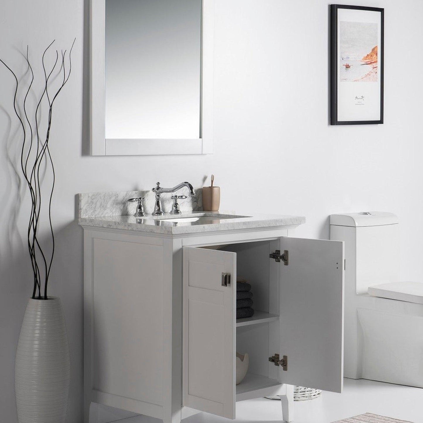 Bellaterra Home Milani 77613-WH-WM 31" 2-Door White Freestanding Vanity Set With Ceramic Undermount Rectangular Sink and White Carrara Marble Top