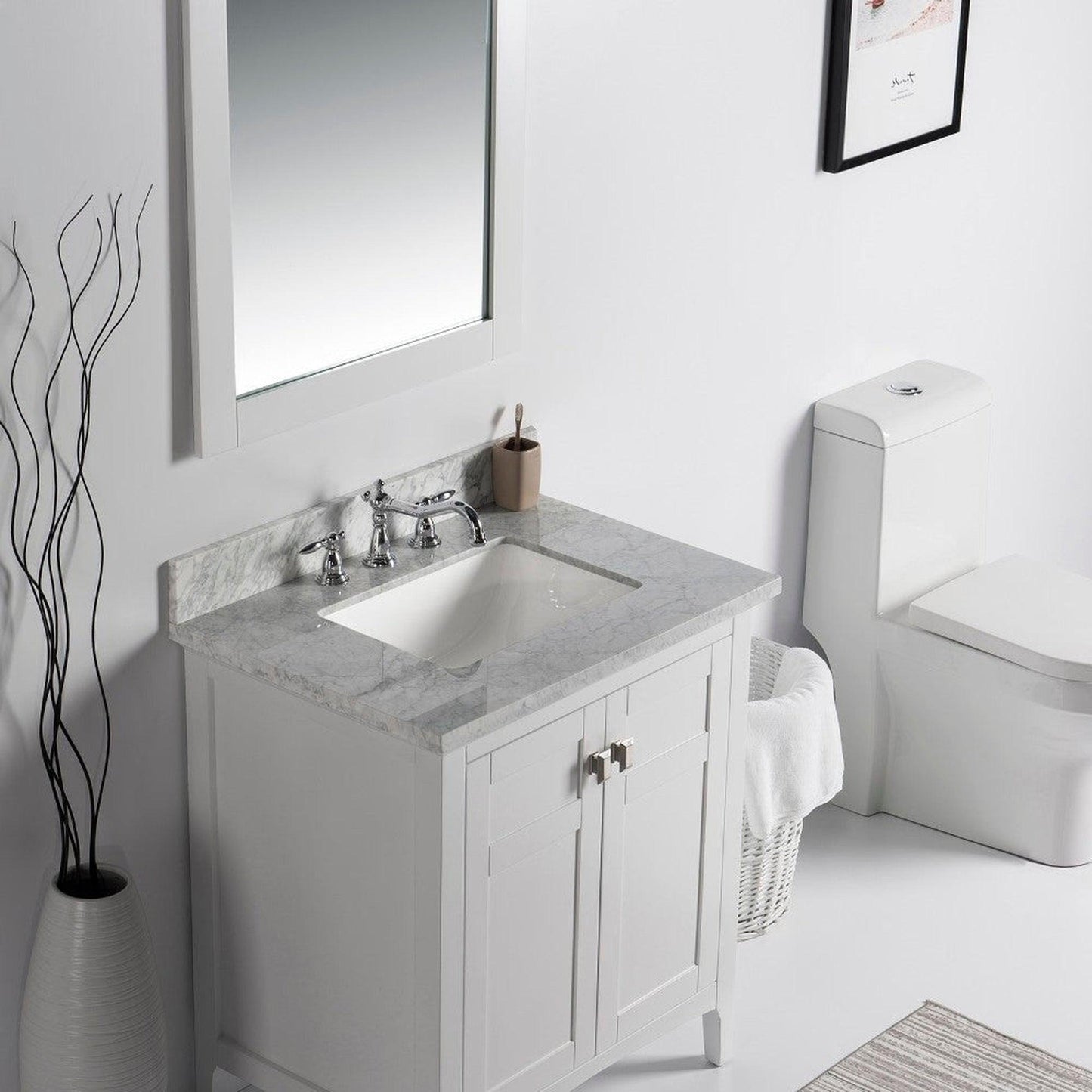 Bellaterra Home Milani 77613-WH-WM 31" 2-Door White Freestanding Vanity Set With Ceramic Undermount Rectangular Sink and White Carrara Marble Top