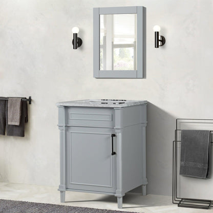 Bellaterra Home Napa 24" 1-Door Gray Freestanding Vanity Set With Ceramic Undermount Rectangular Sink and White Carrara Marble Top, and Black Hardware