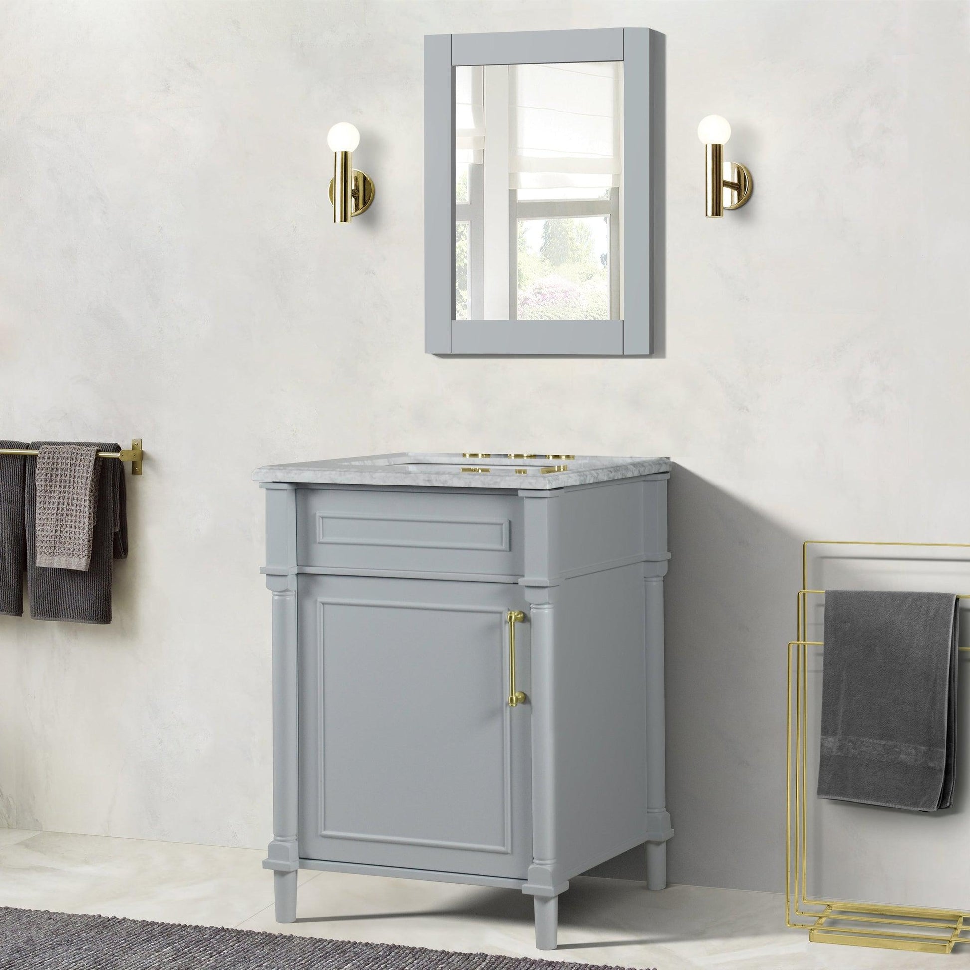 Bellaterra Home Napa 24" 1-Door Gray Freestanding Vanity Set With Ceramic Undermount Rectangular Sink and White Carrara Marble Top, and Gold Hardware