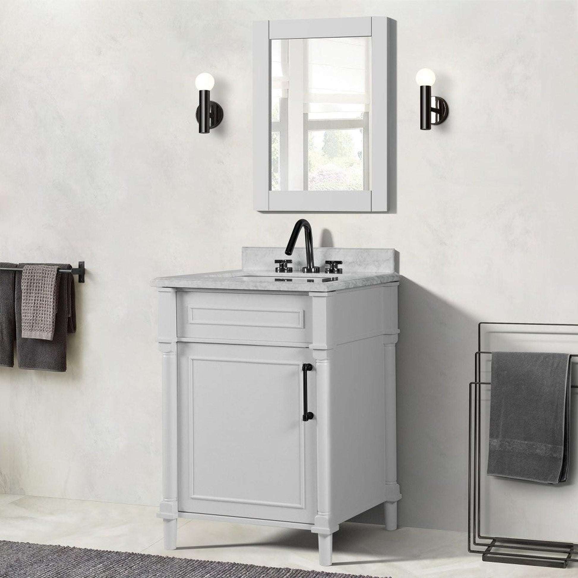 Bellaterra Home Napa 24" 1-Door White Freestanding Vanity Set With Ceramic Undermount Rectangular Sink and White Carrara Marble Top, and Black Hardware