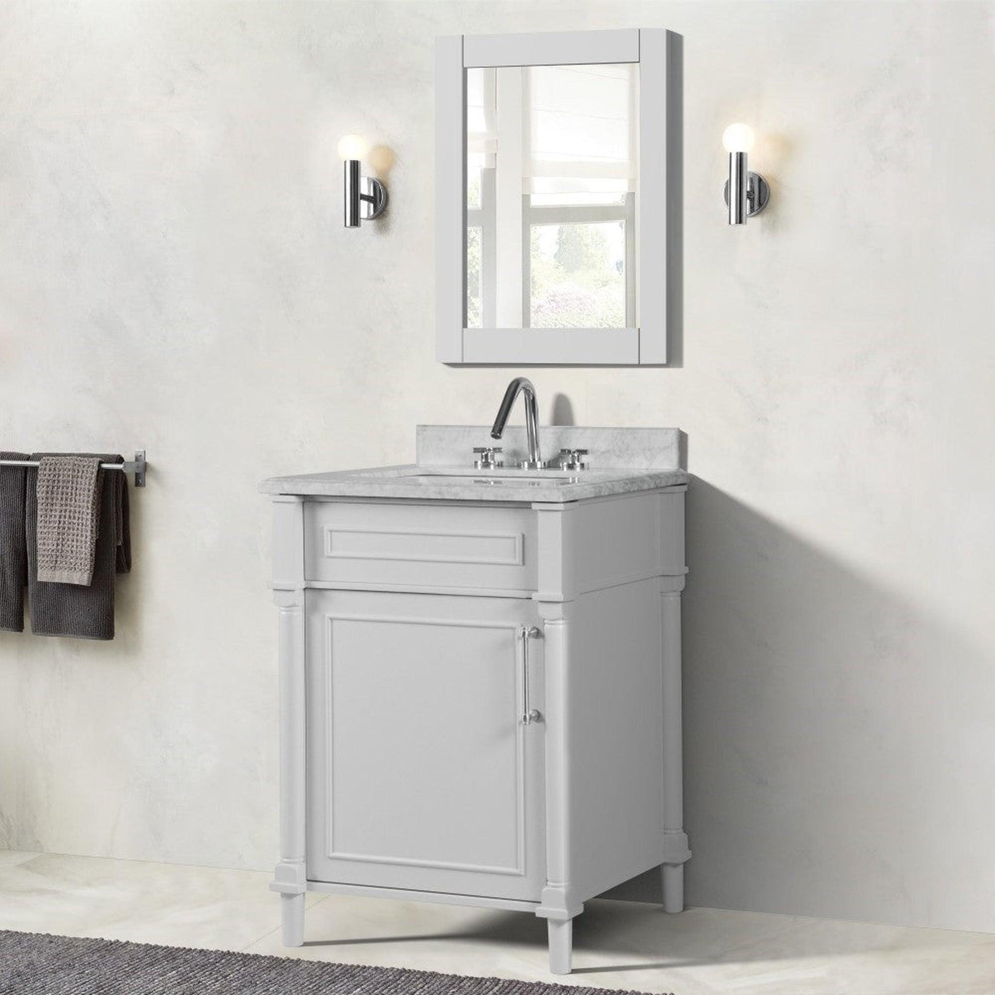 Bellaterra Home Napa 24" 1-Door White Freestanding Vanity Set With Ceramic Undermount Rectangular Sink and White Carrara Marble Top, and Brushed Nickel Hardware