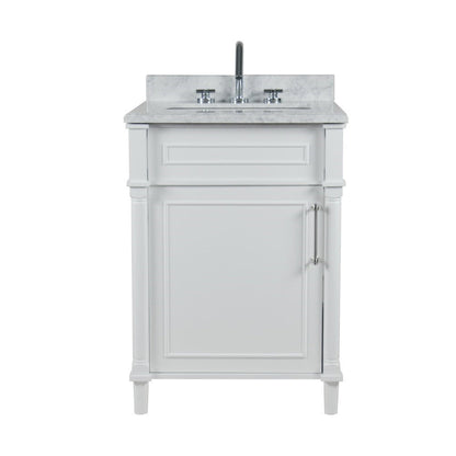 Bellaterra Home Napa 24" 1-Door White Freestanding Vanity Set With Ceramic Undermount Rectangular Sink and White Carrara Marble Top, and Brushed Nickel Hardware