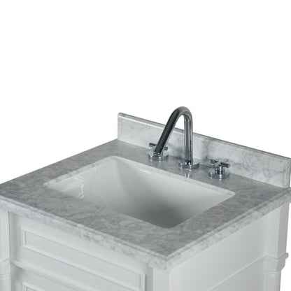 Bellaterra Home Napa 24" 1-Door White Freestanding Vanity Set With Ceramic Undermount Rectangular Sink and White Carrara Marble Top, and Brushed Nickel Hardware