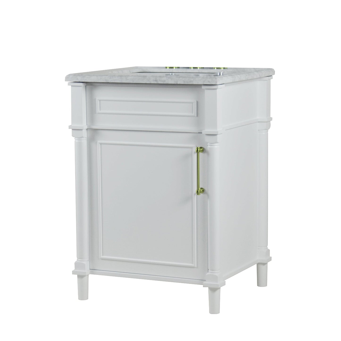 Bellaterra Home Napa 24" 1-Door White Freestanding Vanity Set With Ceramic Undermount Rectangular Sink and White Carrara Marble Top, and Gold Hardware